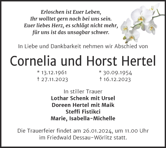 Traueranzeige von Cornelia und Horst Hertel von Trauerkombi Dessau