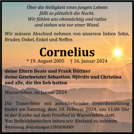 Traueranzeige von Cornelius  von Volksstimme Halberstadt