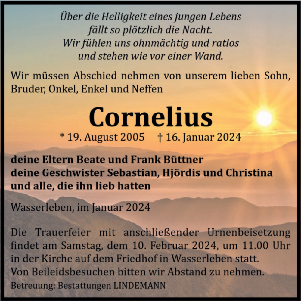  Traueranzeige für Cornelius  vom 20.01.2024 aus Volksstimme Halberstadt