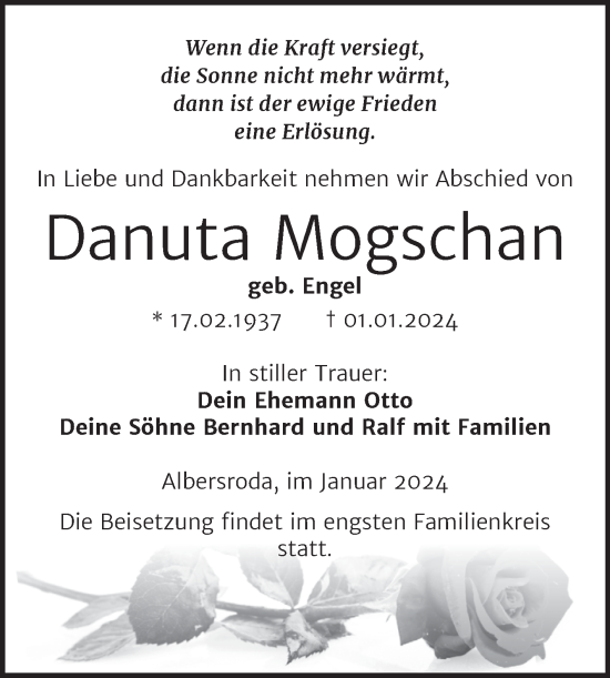 Traueranzeige von Danuta Mogschan von Trauerkombi Merseburg