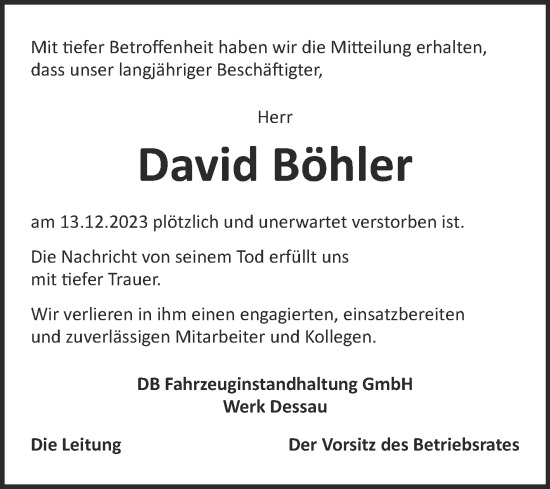 Traueranzeige von David Böhler von Mitteldeutsche Zeitung Dessau-Roßlau