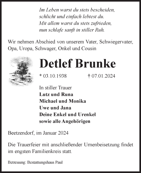 Traueranzeige von Detlef Brunke von Volksstimme Altmark West