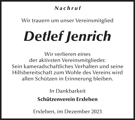 Traueranzeige von Detlef Jenrich von Volksstimme Haldensleben/Wolmirstedt