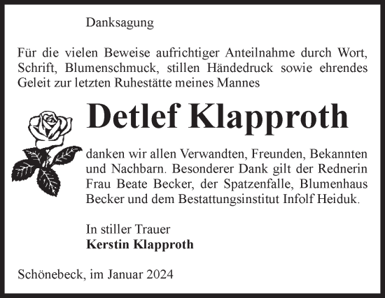 Traueranzeige von Detlef Klapproth von Volksstimme Schönebeck