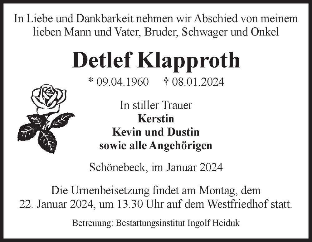  Traueranzeige für Detlef Klapproth vom 13.01.2024 aus Volksstimme Schönebeck