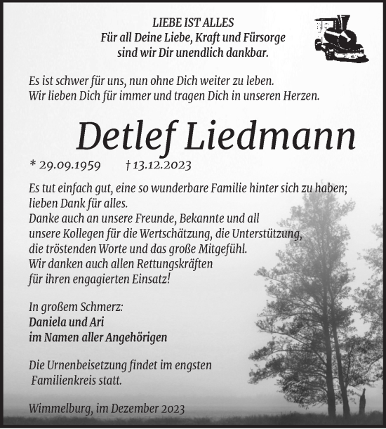 Traueranzeige von Detlef Liedmann von Trauerkombi Mansfelder Land
