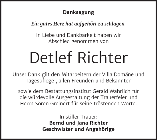 Traueranzeige von Detlef Richter von Trauerkombi Sangerhausen