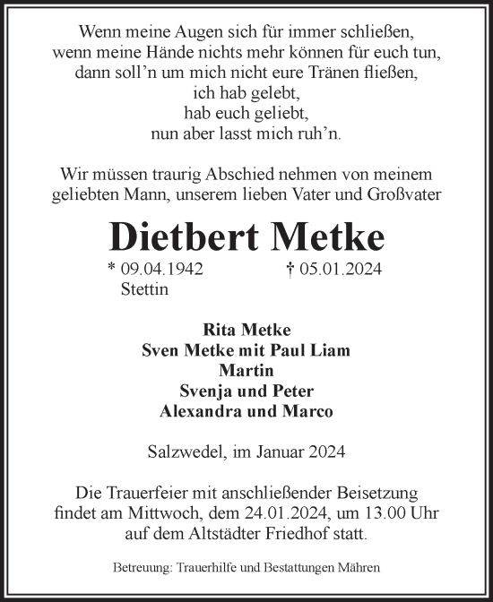 Traueranzeige von Dietbert Metke von Volksstimme Altmark West