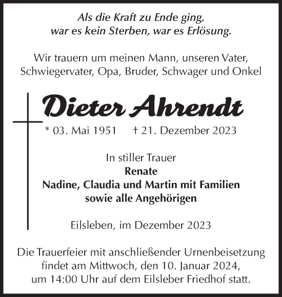 Traueranzeige von Dieter Ahrendt von Volksstimme Oschersleben/Wanzleben