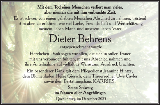 Traueranzeige von Dieter Behrens von Trauerkombi Quedlinburg