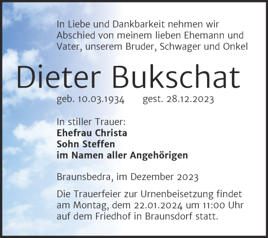 Traueranzeige von Dieter Bukschat von Trauerkombi Merseburg