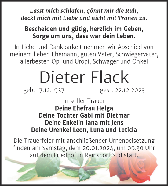 Traueranzeige von Dieter Flack von Trauerkombi Wittenberg