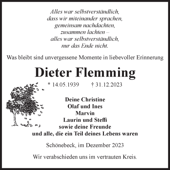Traueranzeige von Dieter Flemming von Volksstimme Schönebeck
