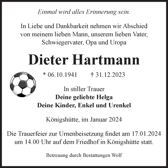 Traueranzeige von Dieter Hartmann von Volksstimme Wernigerode