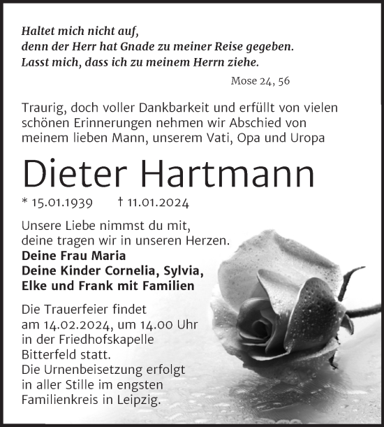 Traueranzeige von Dieter Hartmann von Trauerkombi Bitterfeld