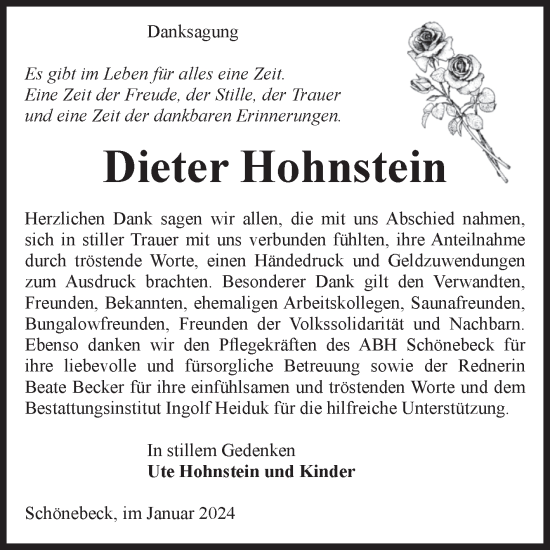 Traueranzeige von Dieter Hohnstein von Volksstimme Schönebeck