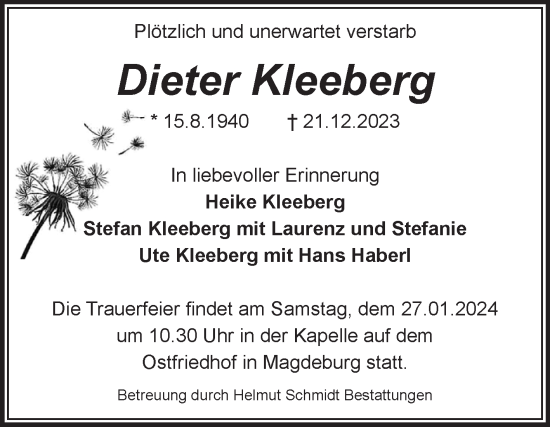 Traueranzeige von Dieter Kleeberg von Volksstimme Magdeburg