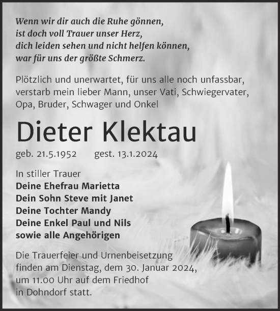 Traueranzeige von Dieter Klektau von Trauerkombi Köthen