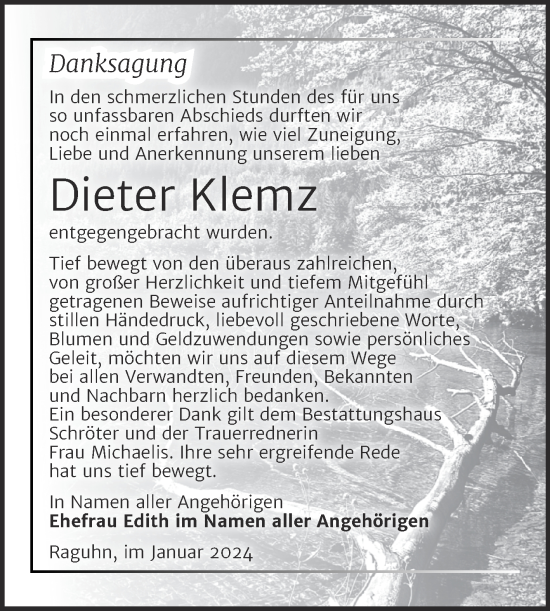 Traueranzeige von Dieter Klemz von Trauerkombi Bitterfeld