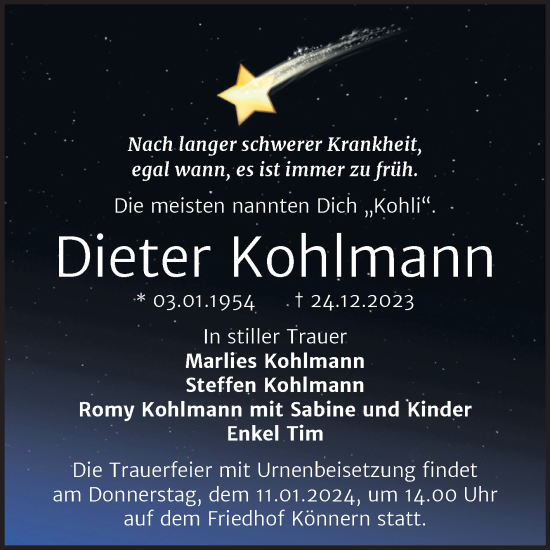 Traueranzeige von Dieter Kohlmann von Trauerkombi Bernburg