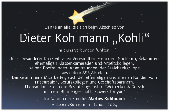 Traueranzeige von Dieter Kohlmann von Trauerkombi Bernburg