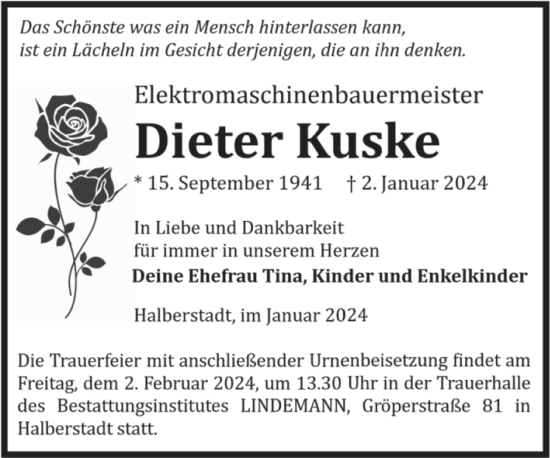 Traueranzeige von Dieter Kuske von Volksstimme Halberstadt