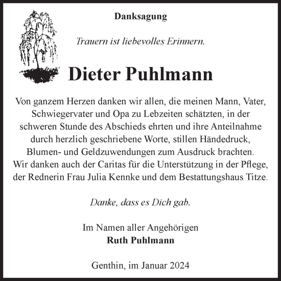Traueranzeige von Dieter Puhlmann von Volksstimme Burg/Genthin