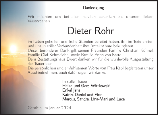 Traueranzeige von Dieter Rohr von Volksstimme Burg/Genthin