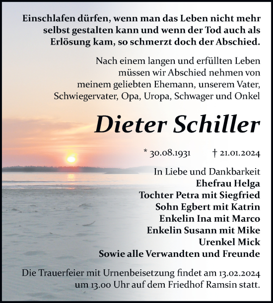 Traueranzeige von Dieter Schiller von Trauerkombi Bitterfeld