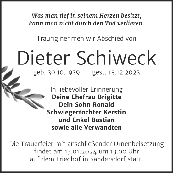 Traueranzeige von Dieter Schiweck von Trauerkombi Bitterfeld