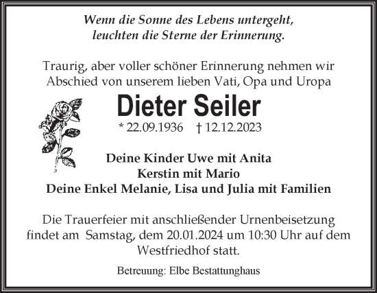 Traueranzeige von Dieter Seiler von Volksstimme Magdeburg