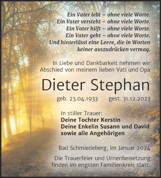 Traueranzeige von Dieter Stephan von Trauerkombi Wittenberg