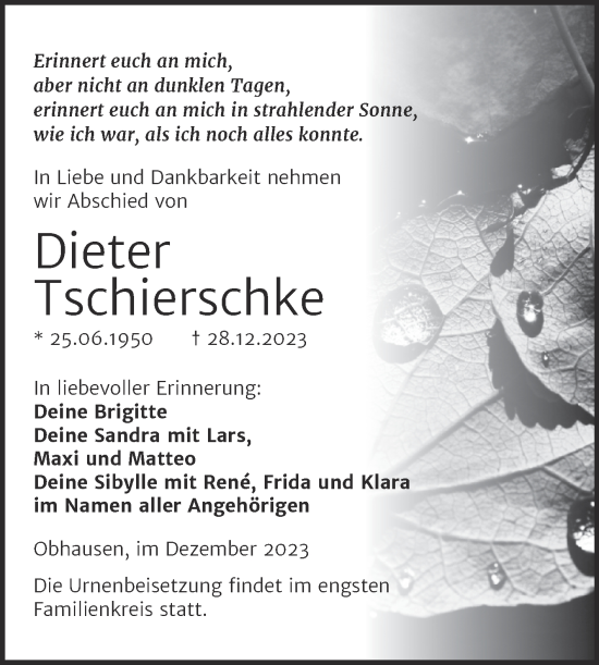 Traueranzeige von Dieter Tschierschke von Trauerkombi Merseburg