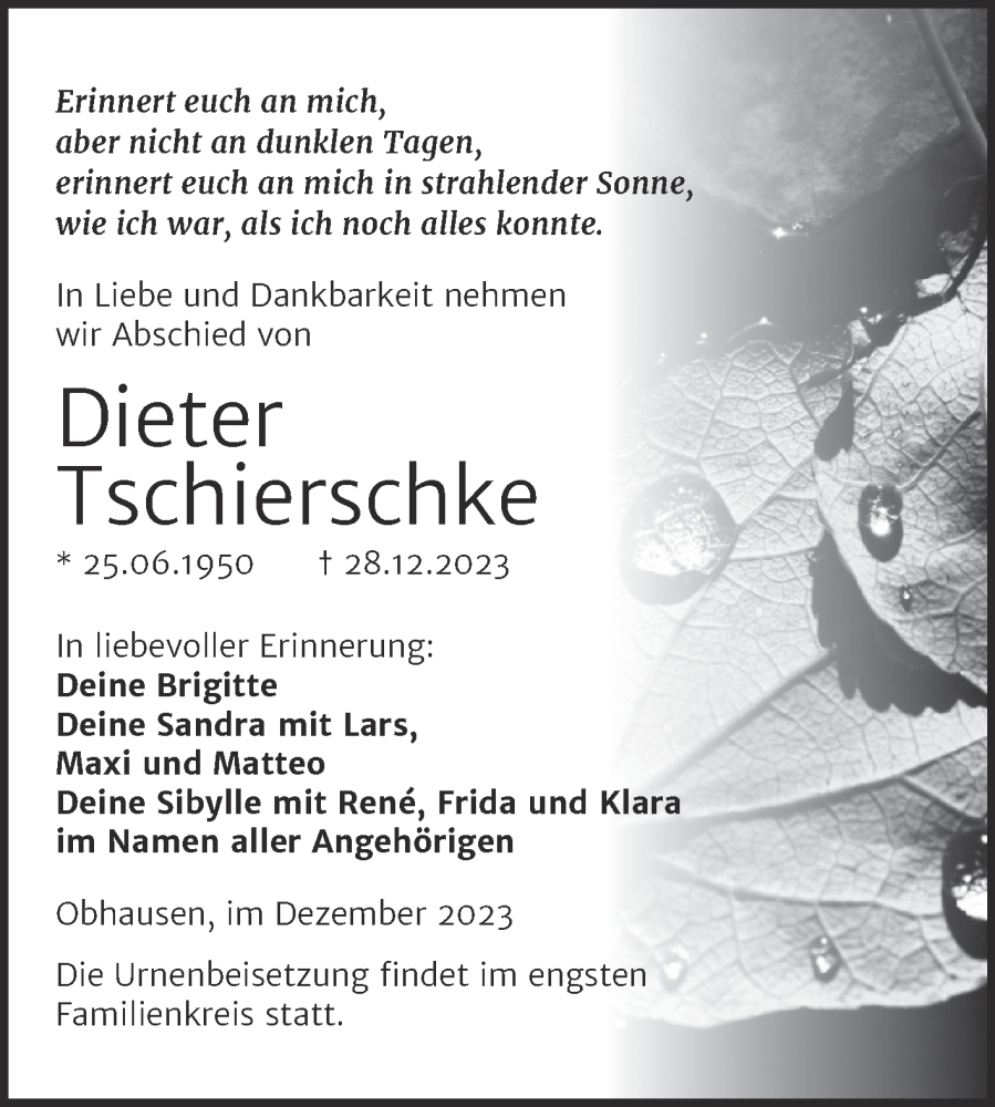  Traueranzeige für Dieter Tschierschke vom 11.01.2024 aus Trauerkombi Merseburg