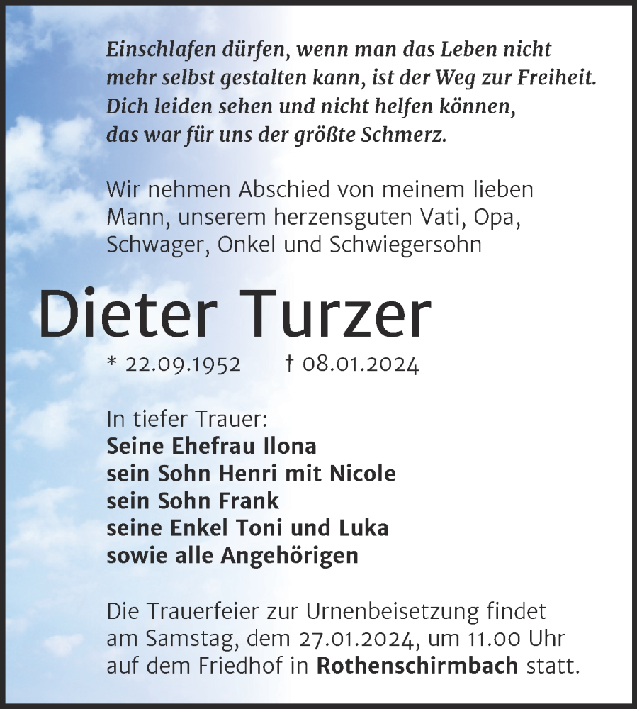  Traueranzeige für Dieter Turzer vom 13.01.2024 aus Trauerkombi Mansfelder Land