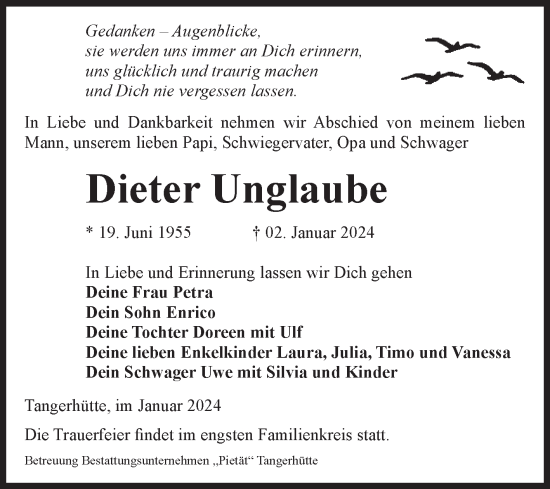 Traueranzeige von Dieter Unglaube von Volksstimme Altmark Ost