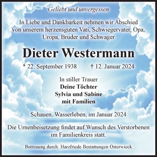 Traueranzeige von Dieter Westermann von Volksstimme Halberstadt