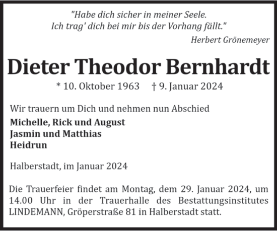 Traueranzeige von Dieter Theodor Bernhardt von Volksstimme Halberstadt