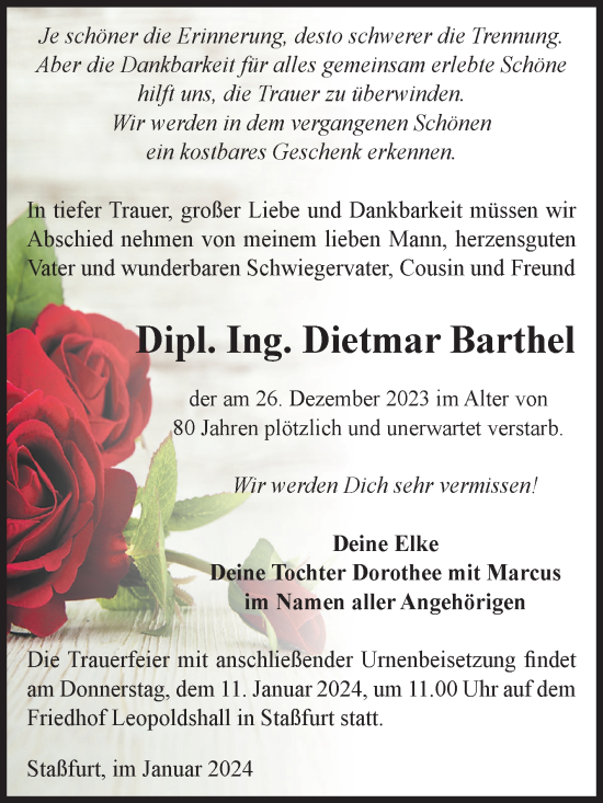 Traueranzeige von Dietmar Barthel von Volksstimme Staßfurt