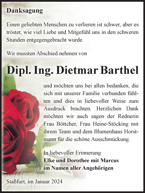 Traueranzeige von Dietmar Barthel von Volksstimme Staßfurt