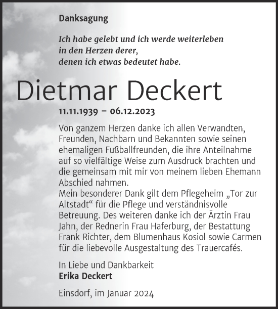 Traueranzeige von Dietmar Deckert von Trauerkombi Sangerhausen