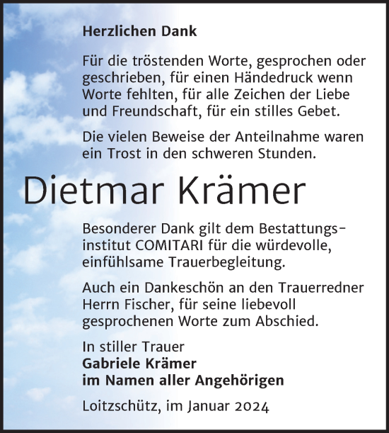 Traueranzeige von Dietmar Krämer von Trauerkombi Zeitz
