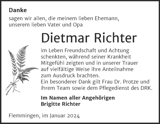 Traueranzeige von Dietmar Richter von Wochenspiegel Naumburg/Nebra