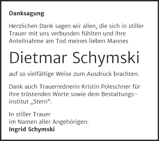 Traueranzeige von Dietmar Schymski von Trauerkombi Wittenberg