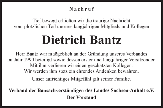 Traueranzeige von Dietrich Bantz von Volksstimme Magdeburg