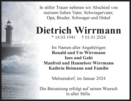 Traueranzeige von Dietrich Wirrmann von Volksstimme Haldensleben/Wolmirstedt
