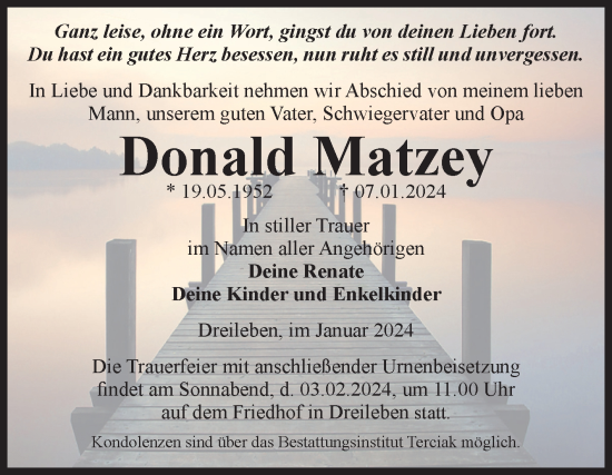 Traueranzeige von Donald Matzey von Volksstimme Oschersleben/Wanzleben
