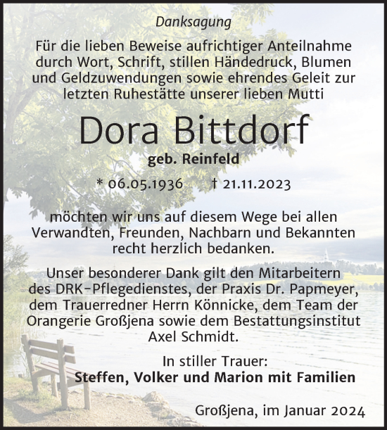 Traueranzeige von Dora Bittdorf von Wochenspiegel Naumburg/Nebra