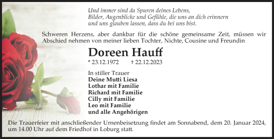 Traueranzeige von Doreen Hauff von Volksstimme Zerbst