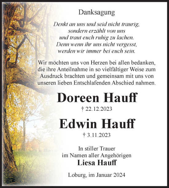 Traueranzeige von Doreen und Edwin Hauff von Volksstimme Zerbst
